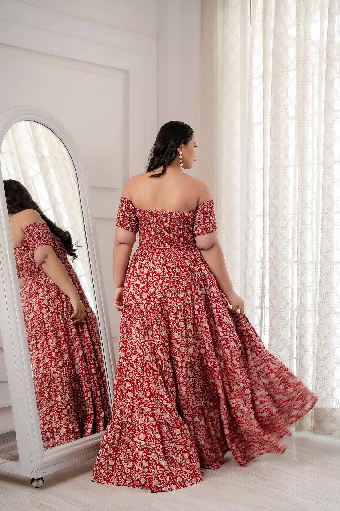 Red Smocked Pure Cotton Summer Dress