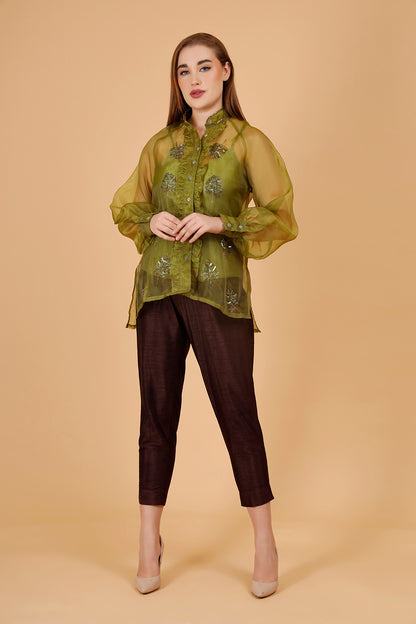 ⁠⁠Fern Olive Hand Beaded Shirt