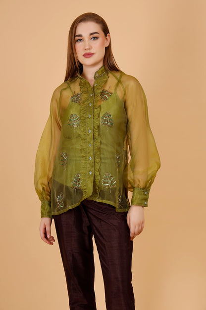⁠⁠Fern Olive Hand Beaded Shirt