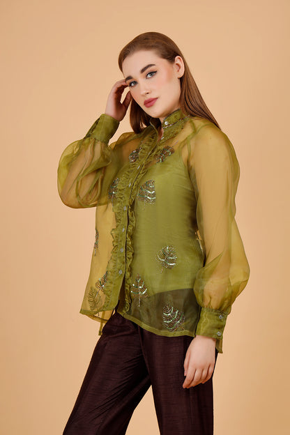 ⁠⁠Fern Olive Hand Beaded Shirt