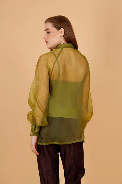 ⁠⁠Fern Olive Hand Beaded Shirt