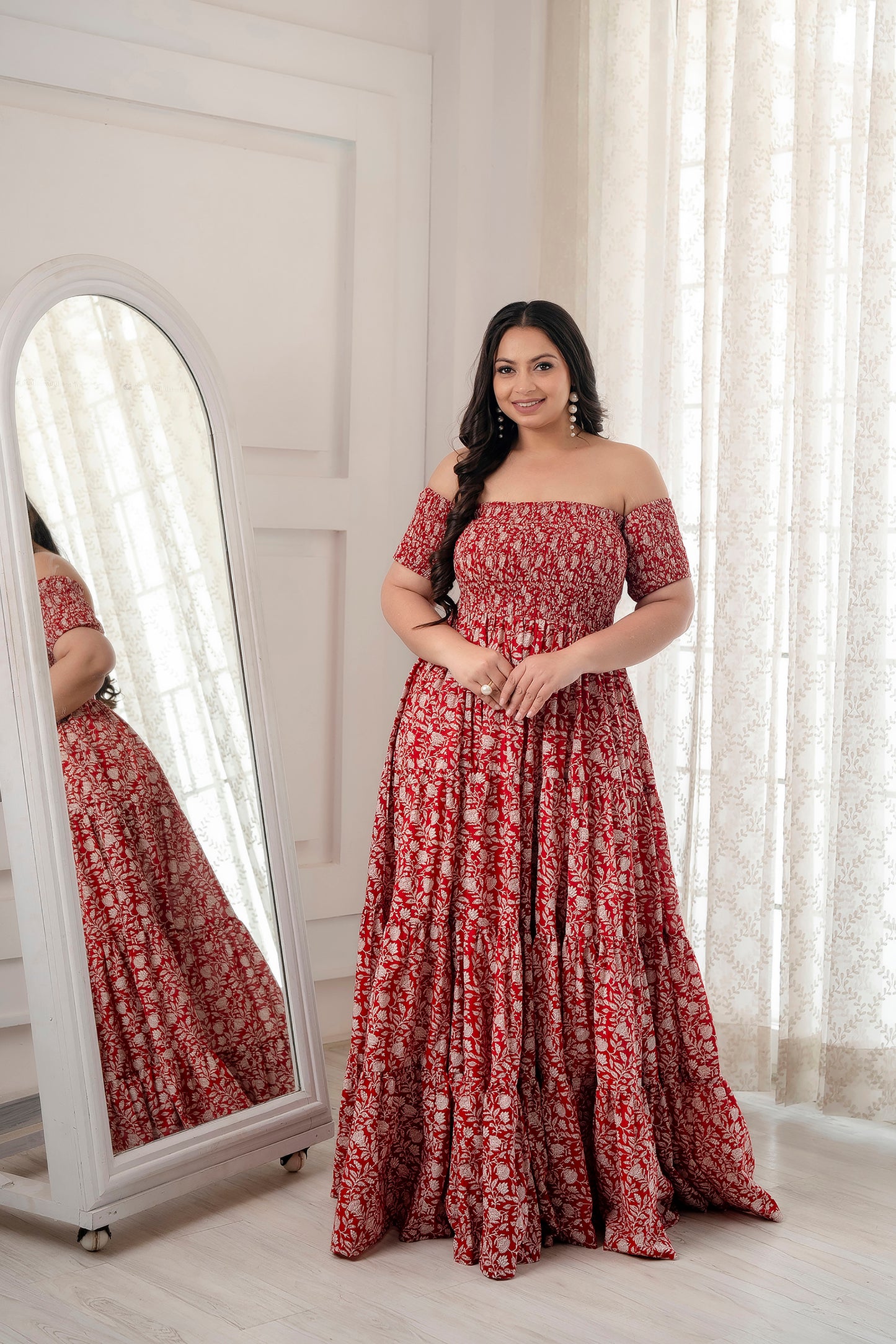 Red Smocked Pure Cotton Summer Dress