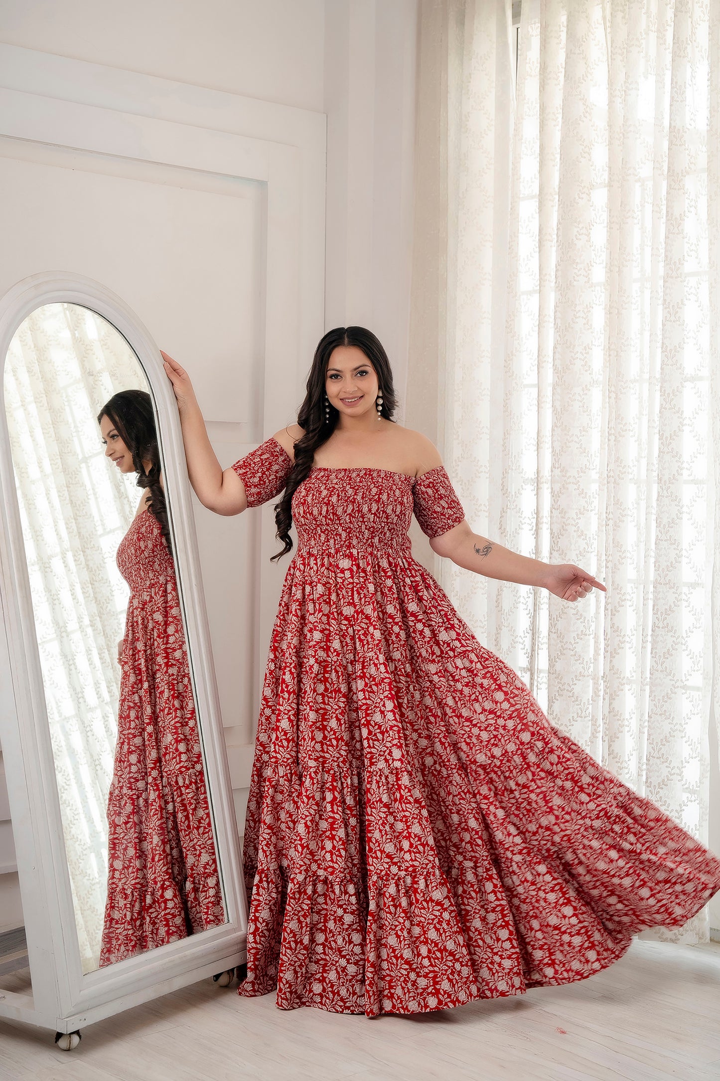 Red Smocked Pure Cotton Summer Dress