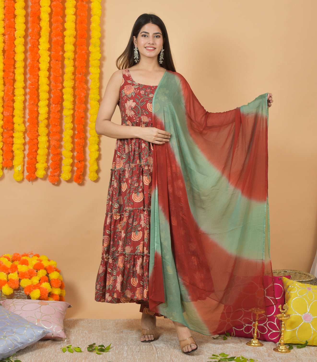 Coral Floral Dupatta Suit Set