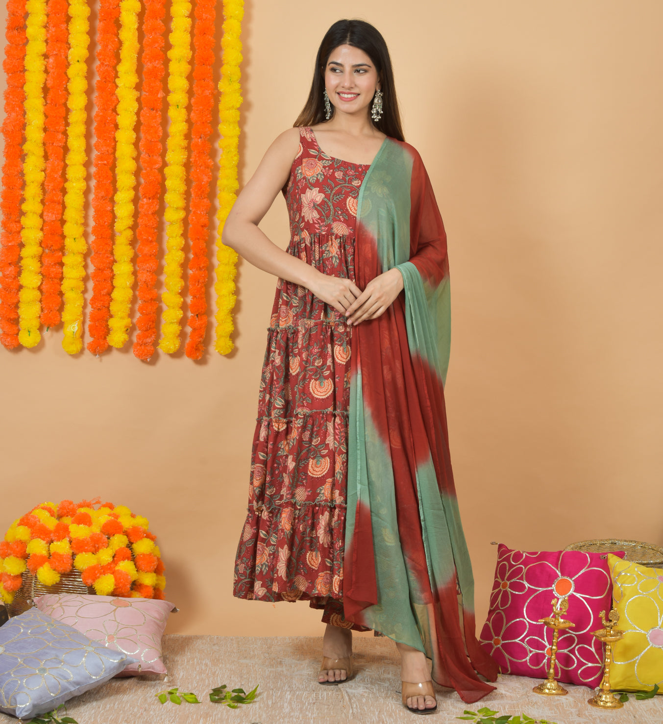 Coral Floral Dupatta Suit Set