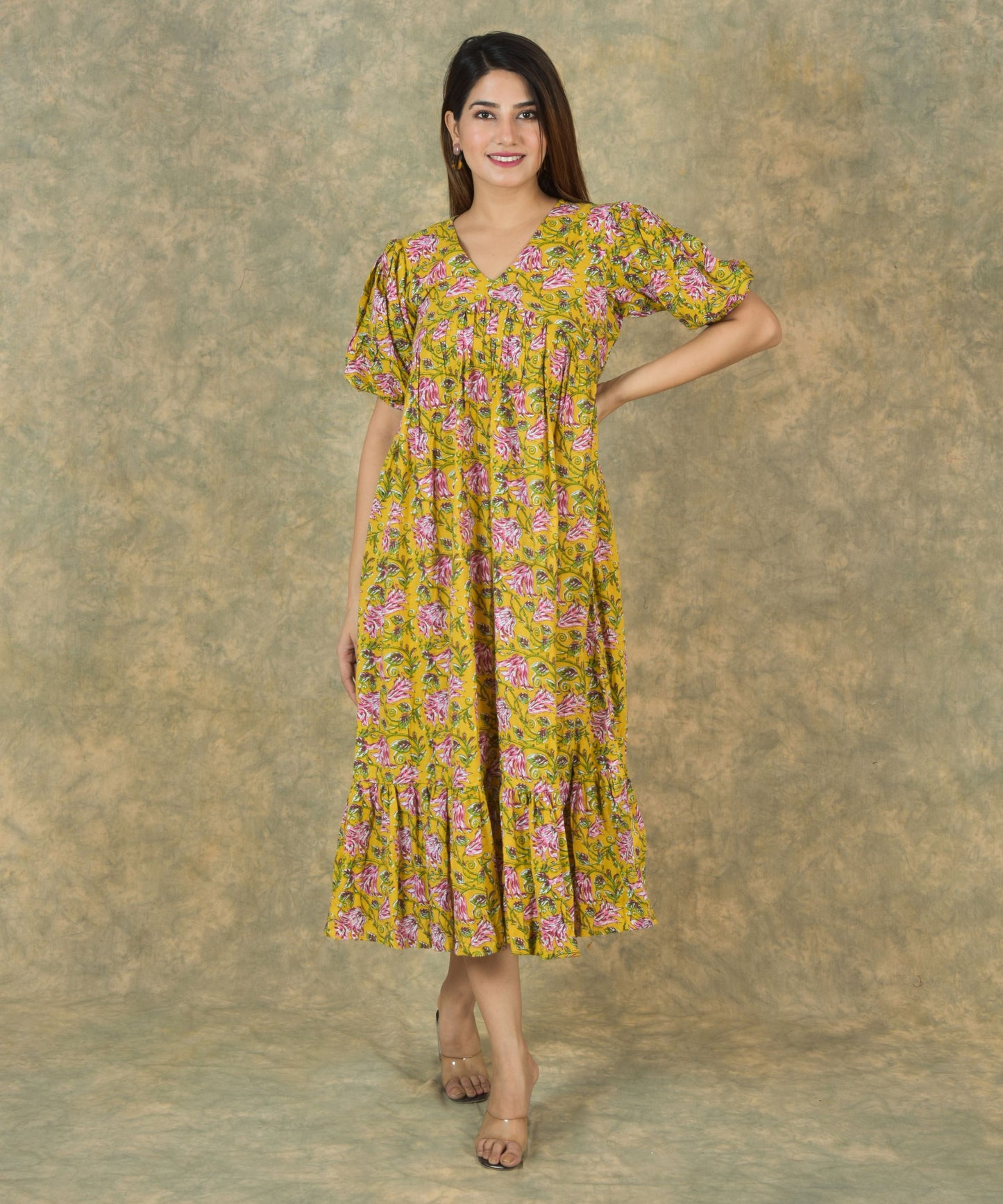 Yellow Bulbine Cotton Tier Dress