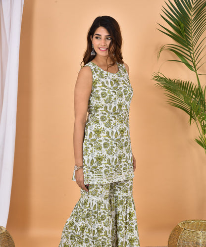 Green Floral Print Sharara Set