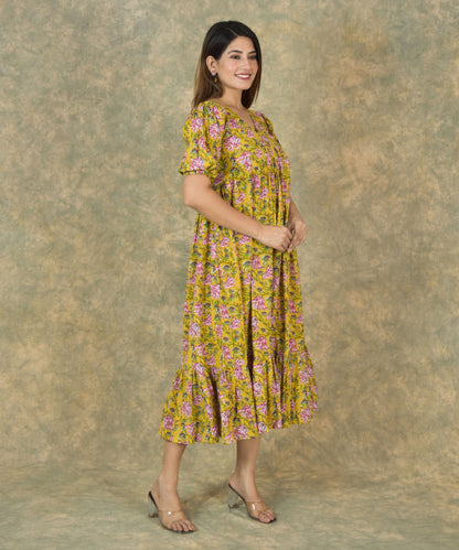 Yellow Bulbine Cotton Tier Dress